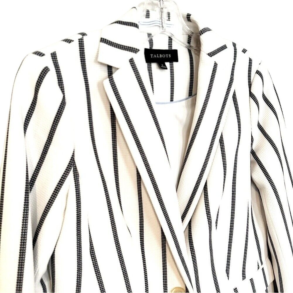 Talbots Pinstriped Textured Summer Jacket Blazer Women's 2 Ivory Navy Career - Picture 2 of 7